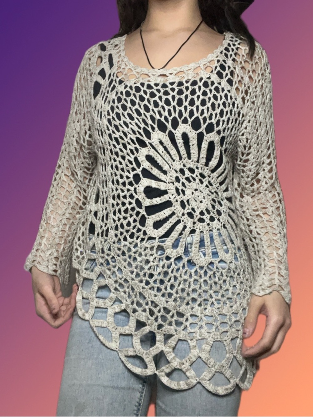 Tempo Paris Openwork Crochet Scoop Neck Sweater in Cream